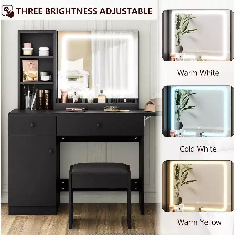 Tocador de Maquillaje con Espejo y Luces, Set de Tocador con Cajón y Enchufe, Silla de Almacenamiento y 3 Estantes, Dormitorio