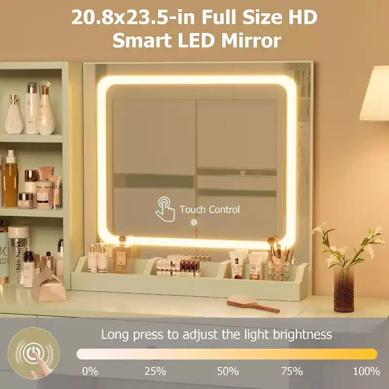 Tocador de Maquillaje con Espejo y Luces, Set de Tocador con Cajón y Enchufe, Silla de Almacenamiento y 3 Estantes, Dormitorio