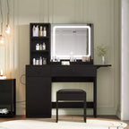 Tocador de Maquillaje con Espejo y Luces, Set de Tocador con Cajón y Enchufe, Silla de Almacenamiento y 3 Estantes, Dormitorio