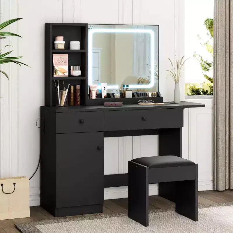Tocador de Maquillaje con Espejo y Luces, Set de Tocador con Cajón y Enchufe, Silla de Almacenamiento y 3 Estantes, Dormitorio