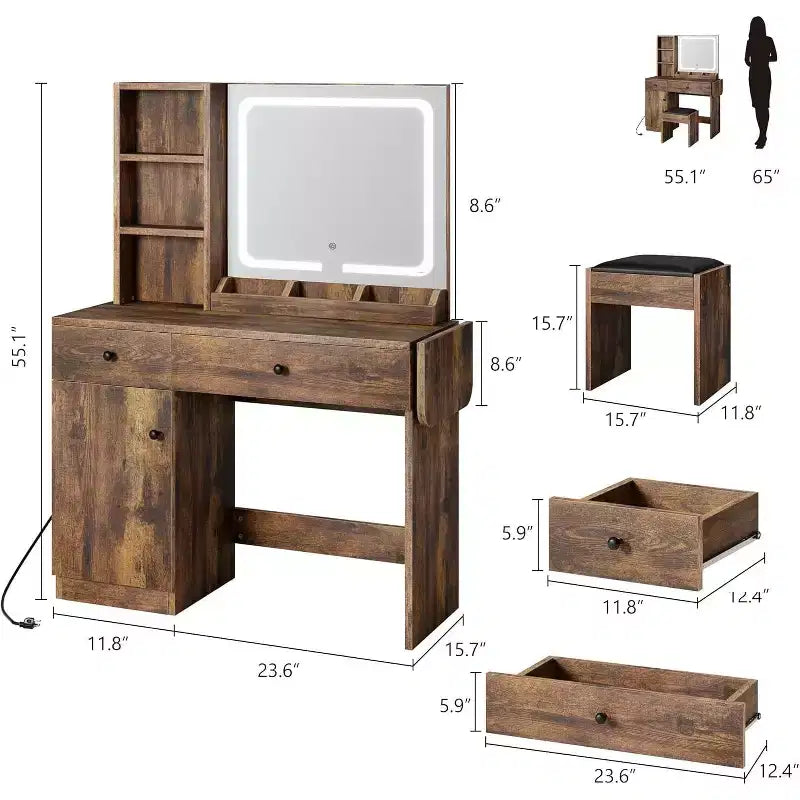 Tocador de Maquillaje con Espejo y Luces, Set de Tocador con Cajón y Enchufe, Silla de Almacenamiento y 3 Estantes, Dormitorio