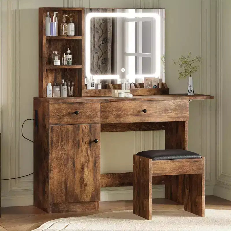 Tocador de Maquillaje con Espejo y Luces, Set de Tocador con Cajón y Enchufe, Silla de Almacenamiento y 3 Estantes, Dormitorio