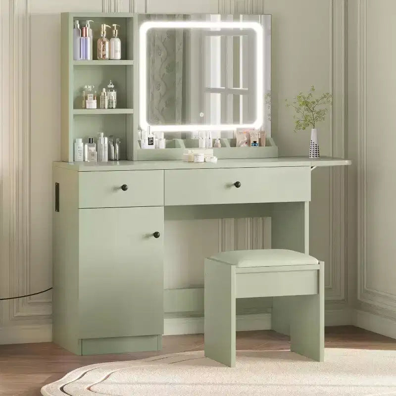 Tocador de Maquillaje con Espejo y Luces, Set de Tocador con Cajón y Enchufe, Silla de Almacenamiento y 3 Estantes, Dormitorio