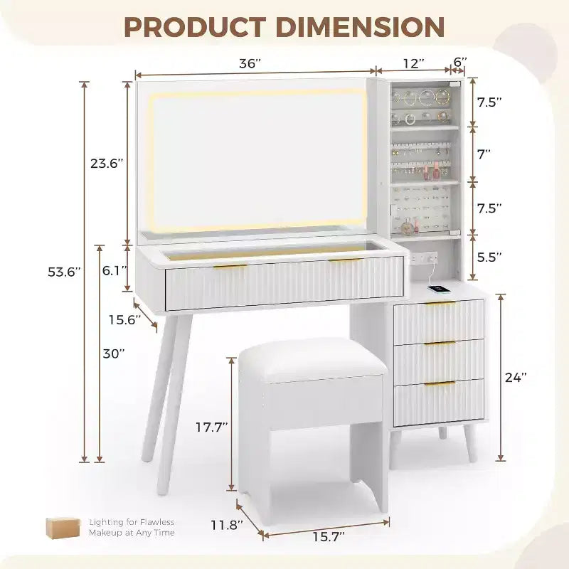 Tocador de maquillaje de 48" con espejo LED y estación de carga - Mesa de tocador con tapa de cristal y taburete de almacenamiento para dormitorio
