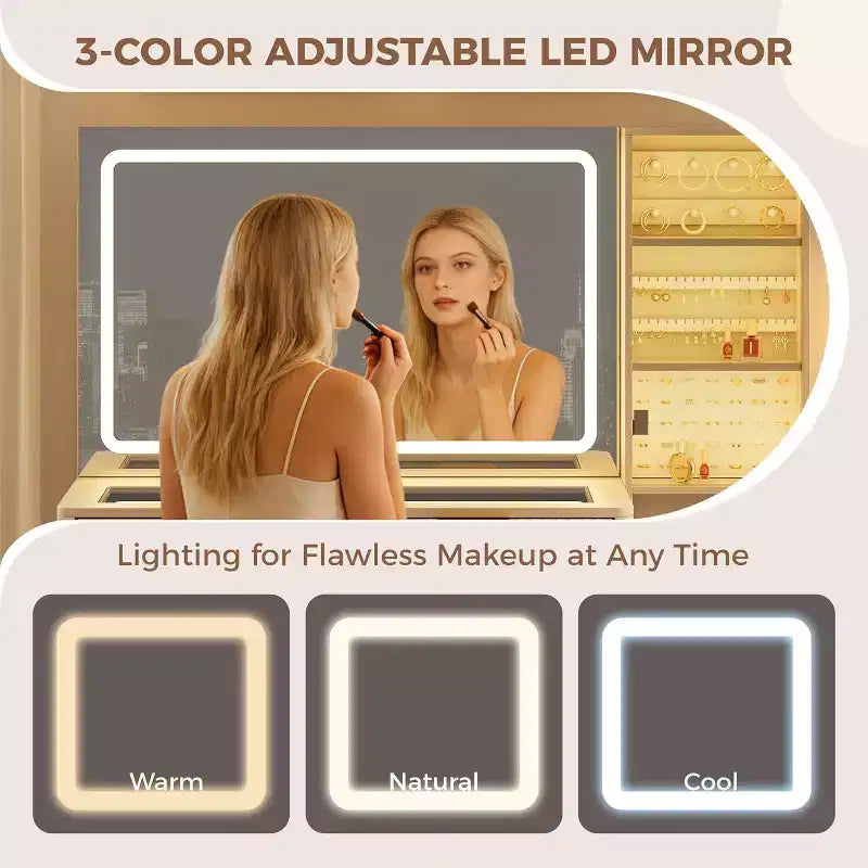 Tocador de maquillaje de 48" con espejo LED y estación de carga - Mesa de tocador con tapa de cristal y taburete de almacenamiento para dormitorio