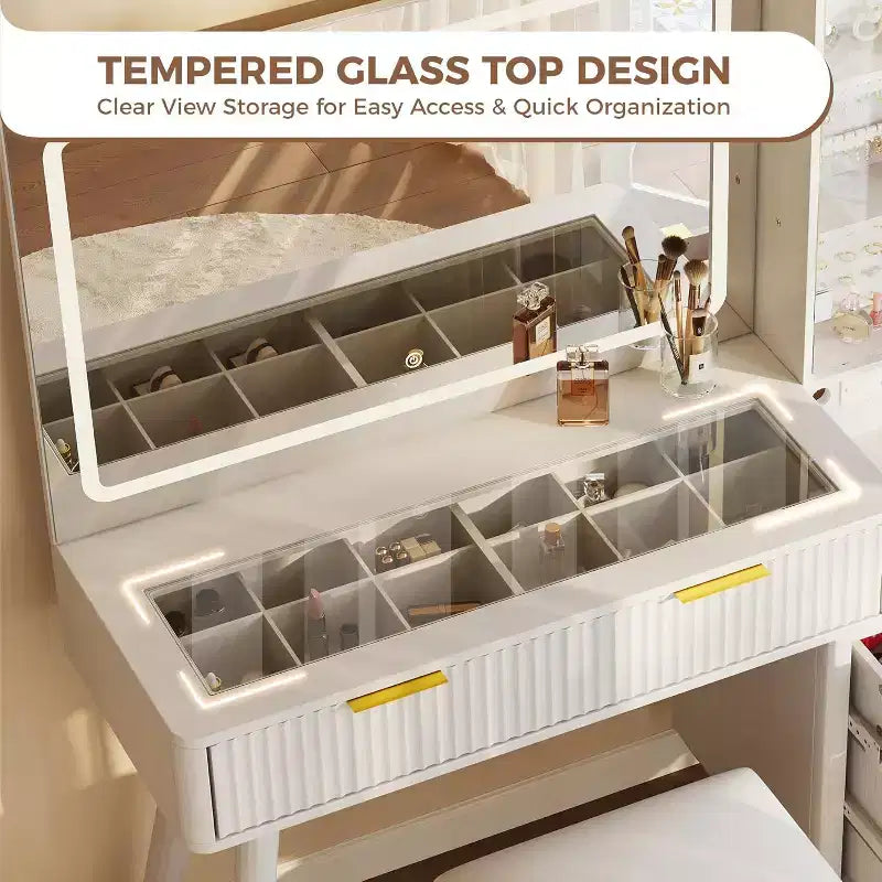 Tocador de maquillaje de 48" con espejo LED y estación de carga - Mesa de tocador con tapa de cristal y taburete de almacenamiento para dormitorio