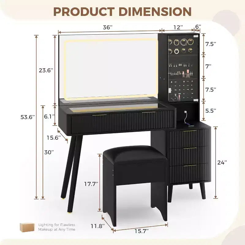 Tocador de maquillaje de 48" con espejo LED y estación de carga - Mesa de tocador con tapa de cristal y taburete de almacenamiento para dormitorio