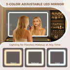 Tocador de maquillaje de 48" con espejo LED y estación de carga - Mesa de tocador con tapa de cristal y taburete de almacenamiento para dormitorio