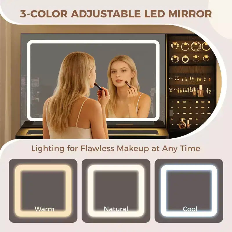 Tocador de maquillaje de 48" con espejo LED y estación de carga - Mesa de tocador con tapa de cristal y taburete de almacenamiento para dormitorio