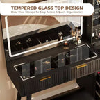 Tocador de maquillaje de 48" con espejo LED y estación de carga - Mesa de tocador con tapa de cristal y taburete de almacenamiento para dormitorio