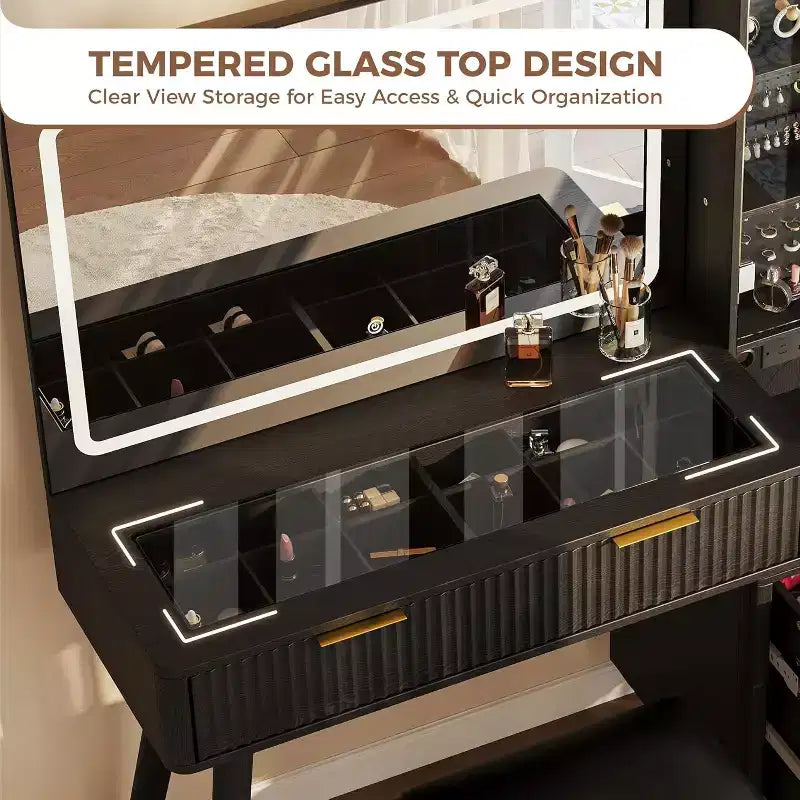 Tocador de maquillaje de 48" con espejo LED y estación de carga - Mesa de tocador con tapa de cristal y taburete de almacenamiento para dormitorio