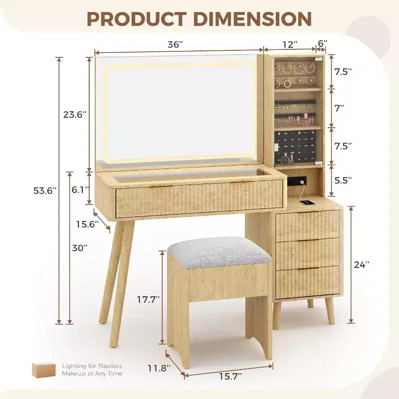 Tocador de maquillaje de 48" con espejo LED y estación de carga - Mesa de tocador con tapa de cristal y taburete de almacenamiento para dormitorio