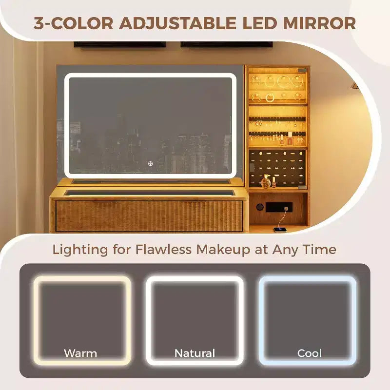 Tocador de maquillaje de 48" con espejo LED y estación de carga - Mesa de tocador con tapa de cristal y taburete de almacenamiento para dormitorio