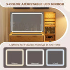 Tocador de maquillaje de 48" con espejo LED y estación de carga - Mesa de tocador con tapa de cristal y taburete de almacenamiento para dormitorio