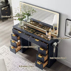 Tocador de maquillaje acanalado de 48" con espejo y luces, mesa de tocador moderna con 8 cajones y estación de carga, tocador con tapa de cristal