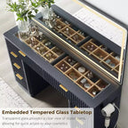Tocador de maquillaje acanalado de 48" con espejo y luces, mesa de tocador moderna con 8 cajones y estación de carga, tocador con tapa de cristal