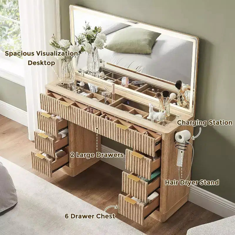 Tocador de maquillaje acanalado de 48" con espejo y luces, mesa de tocador moderna con 8 cajones y estación de carga, tocador con tapa de cristal