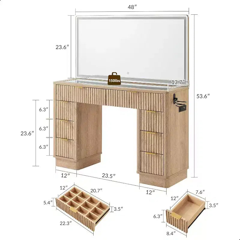Tocador de maquillaje acanalado de 48" con espejo y luces, mesa de tocador moderna con 8 cajones y estación de carga, tocador con tapa de cristal