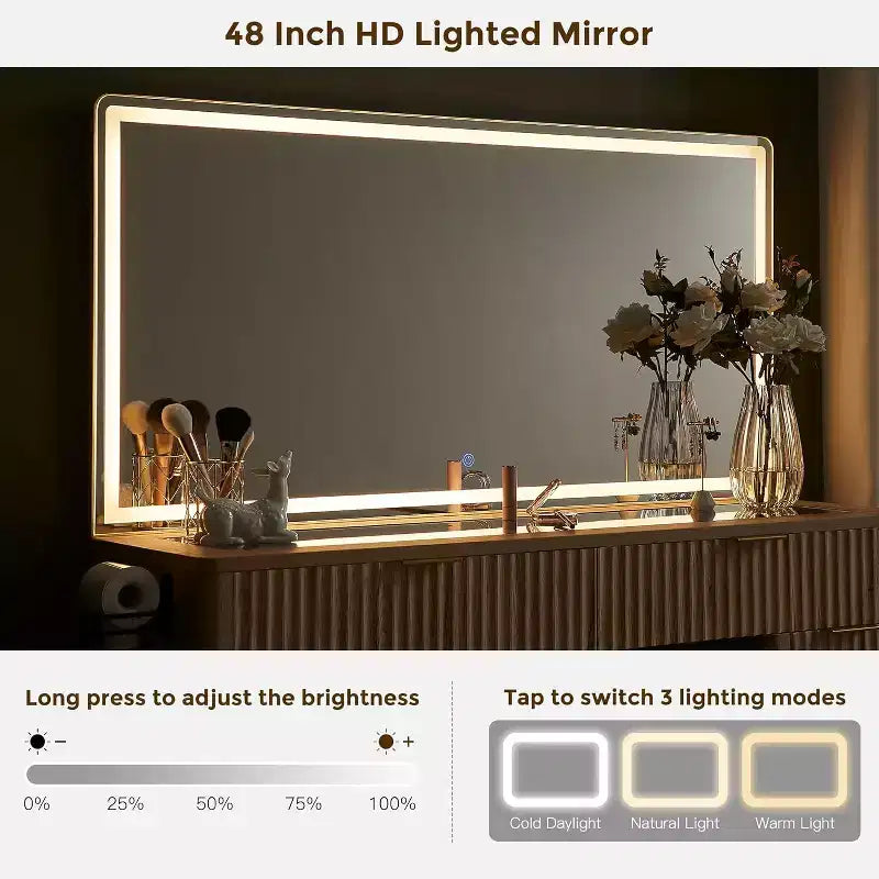 Tocador de maquillaje acanalado de 48" con espejo y luces, mesa de tocador moderna con 8 cajones y estación de carga, tocador con tapa de cristal