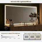 Tocador de maquillaje acanalado de 48" con espejo y luces, mesa de tocador moderna con 8 cajones y estación de carga, tocador con tapa de cristal