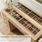 Tocador de maquillaje acanalado de 48" con espejo y luces, mesa de tocador moderna con 8 cajones y estación de carga, tocador con tapa de cristal
