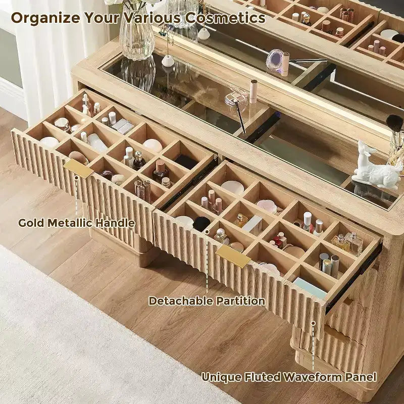 Tocador de maquillaje acanalado de 48" con espejo y luces, mesa de tocador moderna con 8 cajones y estación de carga, tocador con tapa de cristal