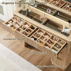 Tocador de maquillaje acanalado de 48" con espejo y luces, mesa de tocador moderna con 8 cajones y estación de carga, tocador con tapa de cristal