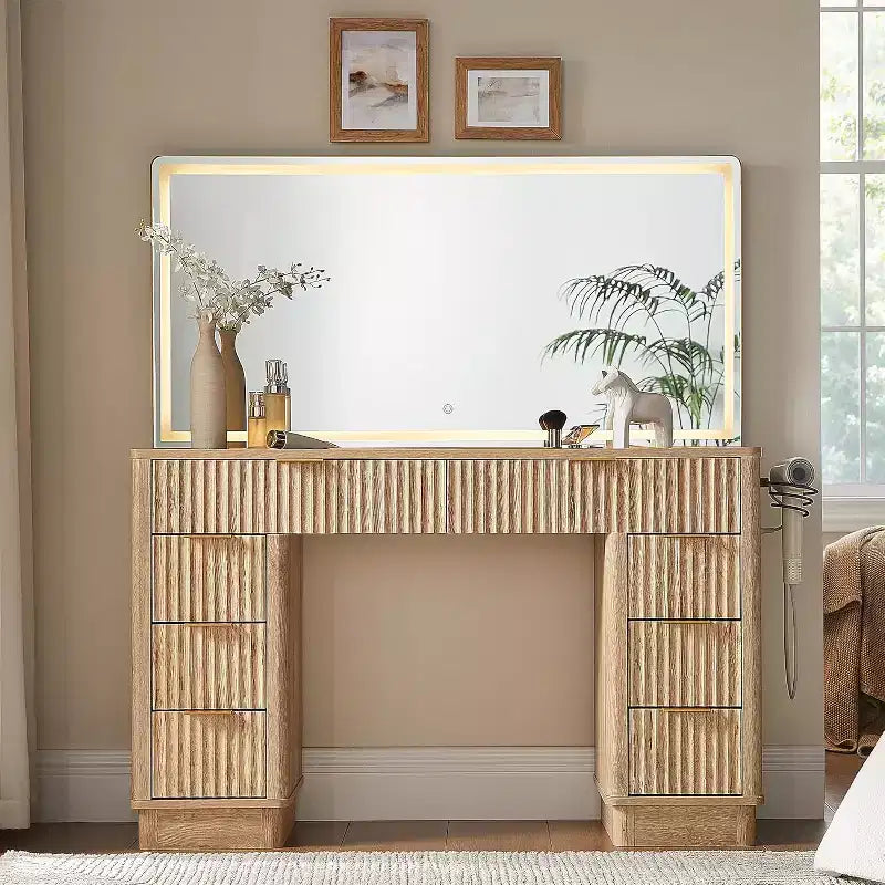 Tocador de maquillaje acanalado de 48" con espejo y luces, mesa de tocador moderna con 8 cajones y estación de carga, tocador con tapa de cristal