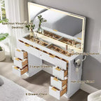 Tocador de maquillaje acanalado de 48" con espejo y luces, mesa de tocador moderna con 8 cajones y estación de carga, tocador con tapa de cristal