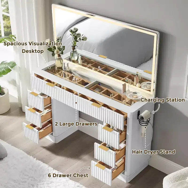 Tocador de maquillaje acanalado de 48" con espejo y luces, mesa de tocador moderna con 8 cajones y estación de carga, tocador con tapa de cristal