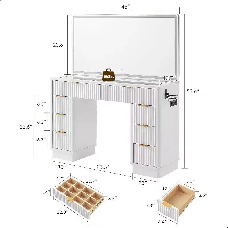 Tocador de maquillaje acanalado de 48" con espejo y luces, mesa de tocador moderna con 8 cajones y estación de carga, tocador con tapa de cristal
