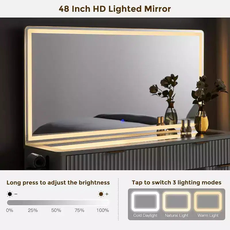 Tocador de maquillaje acanalado de 48" con espejo y luces, mesa de tocador moderna con 8 cajones y estación de carga, tocador con tapa de cristal