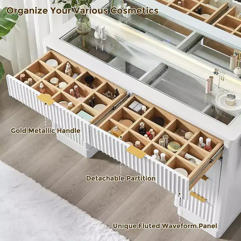 Tocador de maquillaje acanalado de 48" con espejo y luces, mesa de tocador moderna con 8 cajones y estación de carga, tocador con tapa de cristal