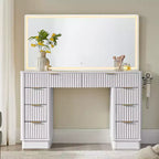 Tocador de maquillaje acanalado de 48" con espejo y luces, mesa de tocador moderna con 8 cajones y estación de carga, tocador con tapa de cristal