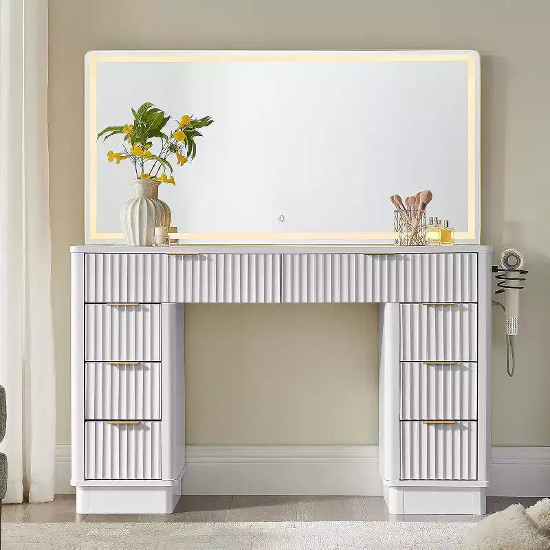 Tocador de maquillaje acanalado de 48" con espejo y luces, mesa de tocador moderna con 8 cajones y estación de carga, tocador con tapa de cristal