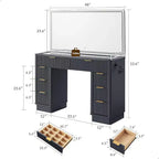 Tocador de maquillaje acanalado de 48" con espejo y luces, mesa de tocador moderna con 8 cajones y estación de carga, tocador con tapa de cristal