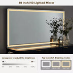 Tocador de maquillaje acanalado de 48" con espejo y luces, mesa de tocador moderna con 8 cajones y estación de carga, tocador con tapa de cristal