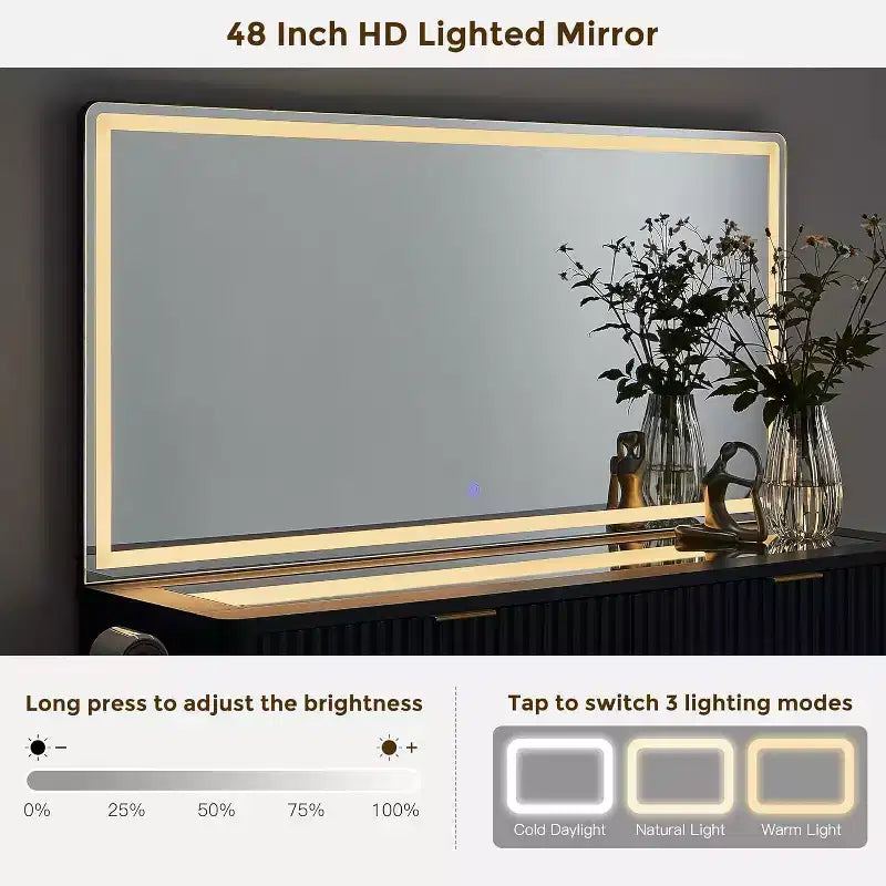 Tocador de maquillaje acanalado de 48" con espejo y luces, mesa de tocador moderna con 8 cajones y estación de carga, tocador con tapa de cristal