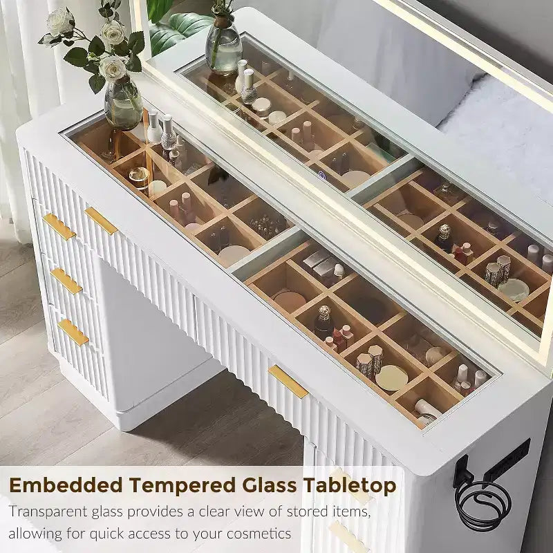 Tocador de maquillaje acanalado de 48" con espejo y luces, mesa de tocador moderna con 8 cajones y estación de carga, tocador con tapa de cristal