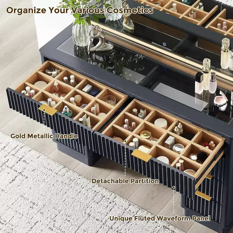 Tocador de maquillaje acanalado de 48" con espejo y luces, mesa de tocador moderna con 8 cajones y estación de carga, tocador con tapa de cristal