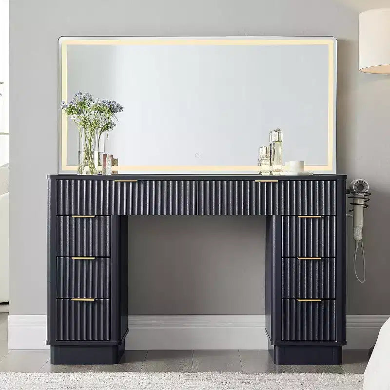 Tocador de maquillaje acanalado de 48" con espejo y luces, mesa de tocador moderna con 8 cajones y estación de carga, tocador con tapa de cristal