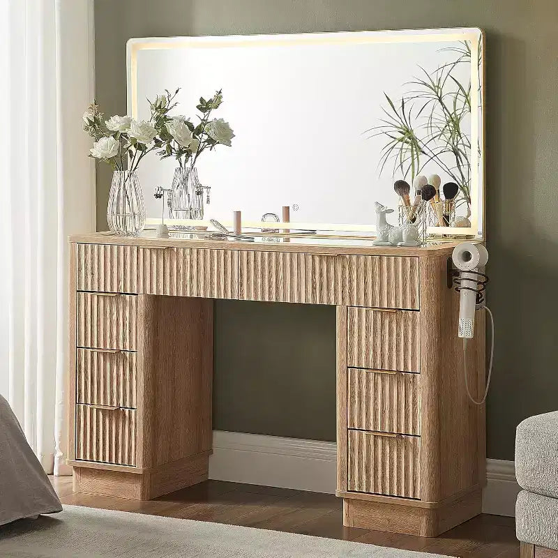 Tocador de maquillaje acanalado de 48" con espejo y luces, mesa de tocador moderna con 8 cajones y estación de carga, tocador con tapa de cristal