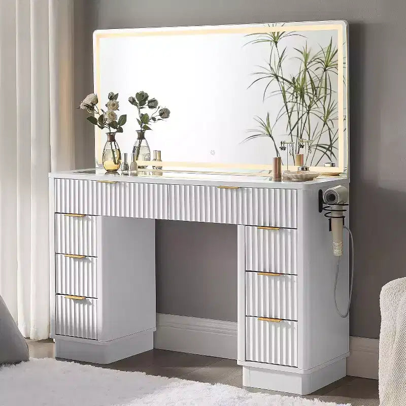 Tocador de maquillaje acanalado de 48" con espejo y luces, mesa de tocador moderna con 8 cajones y estación de carga, tocador con tapa de cristal