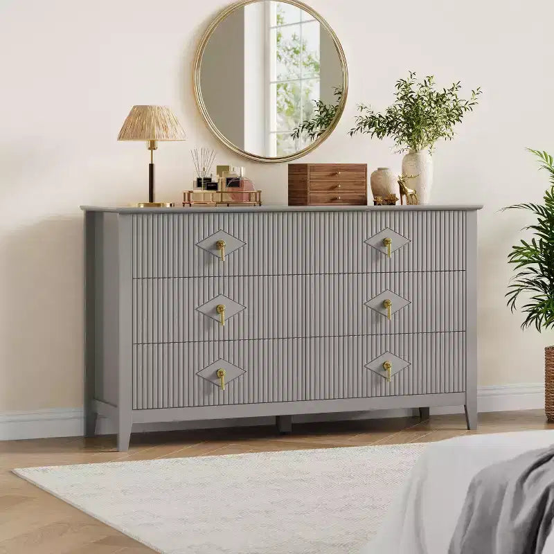 Cómoda de 6 cajones de 54" de ancho, mueble moderno con tiradores metálicos para almacenamiento de dormitorio, gris