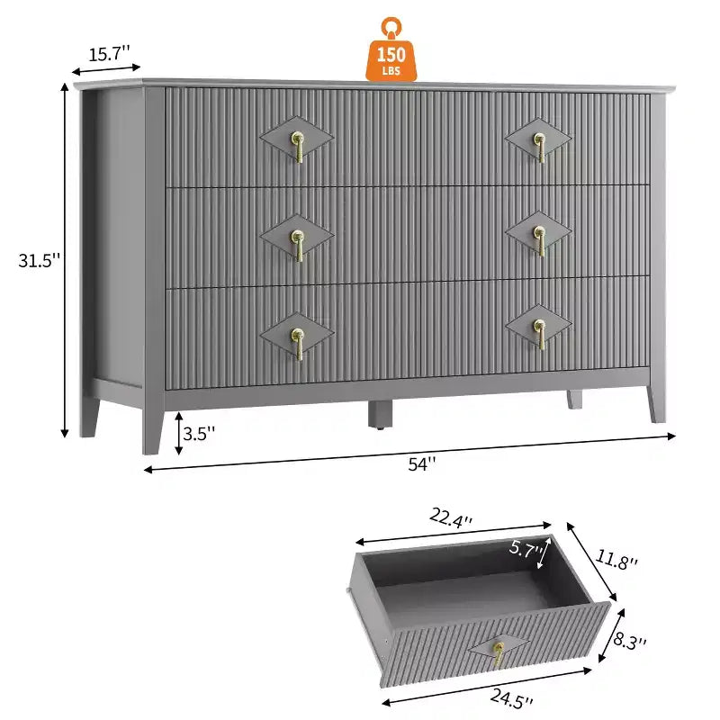 Cómoda de 6 cajones de 54" de ancho, mueble moderno con tiradores metálicos para almacenamiento de dormitorio, gris