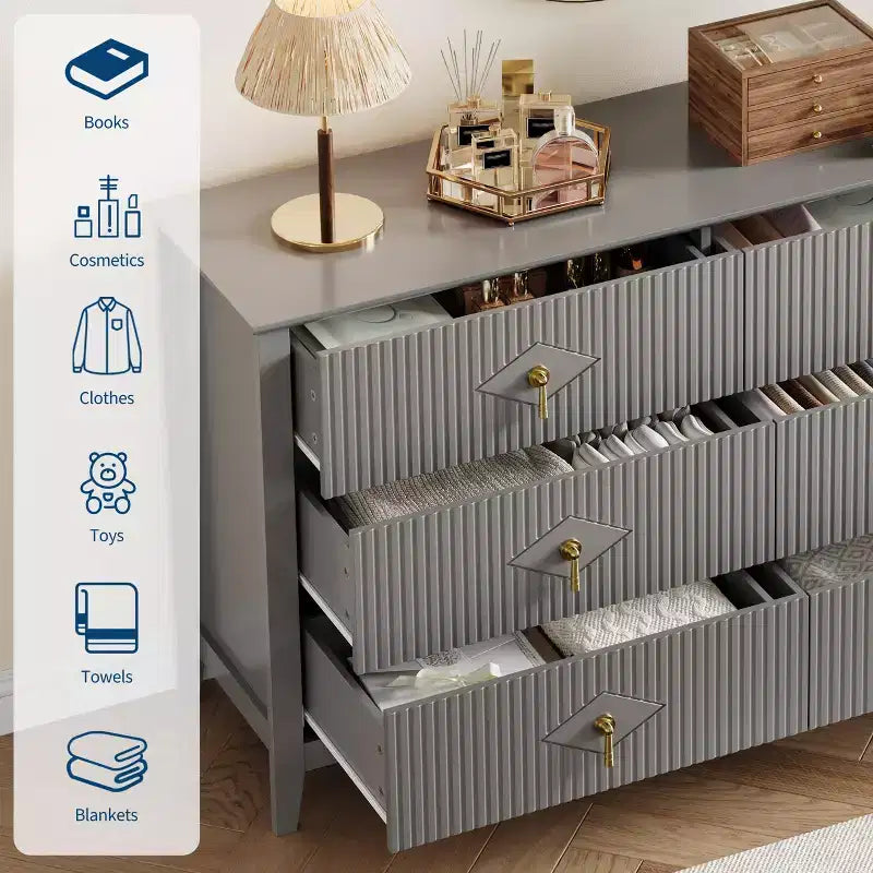Cómoda de 6 cajones de 54" de ancho, mueble moderno con tiradores metálicos para almacenamiento de dormitorio, gris