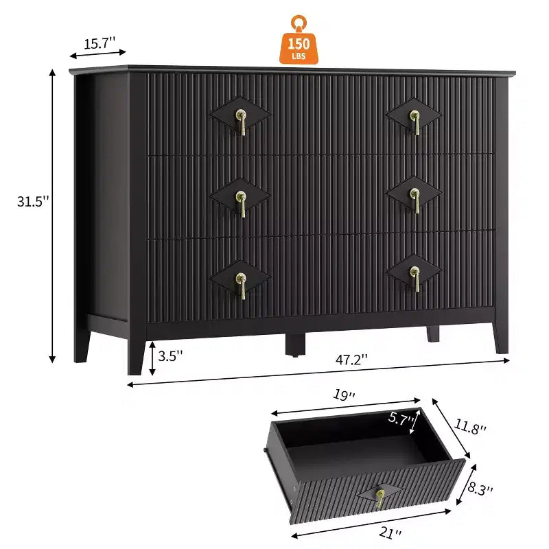 Cómoda de 6 cajones de 48 pulgadas de ancho, moderna con tiradores metálicos para almacenamiento en dormitorio, negra
