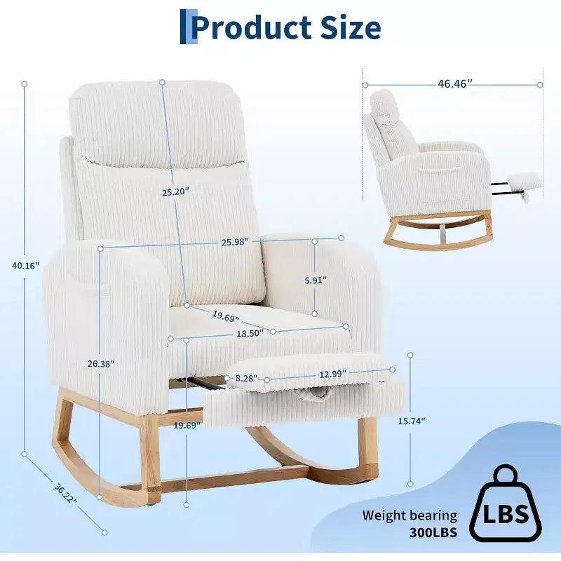 Mecedora Moderna de Guardería, Mecedora Tapizada de Pana con Reposapiés Ajustable y Bolsillo Lateral para Sala de Estar, Dormitorio, Sala de Lactancia, Beige