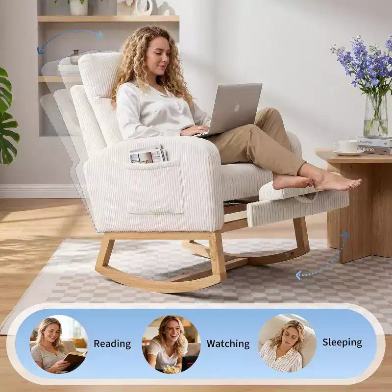 Mecedora Moderna de Guardería, Mecedora Tapizada de Pana con Reposapiés Ajustable y Bolsillo Lateral para Sala de Estar, Dormitorio, Sala de Lactancia, Beige