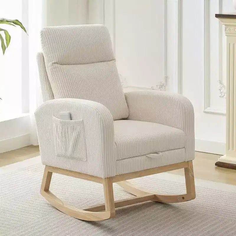 Mecedora Moderna de Guardería, Mecedora Tapizada de Pana con Reposapiés Ajustable y Bolsillo Lateral para Sala de Estar, Dormitorio, Sala de Lactancia, Beige